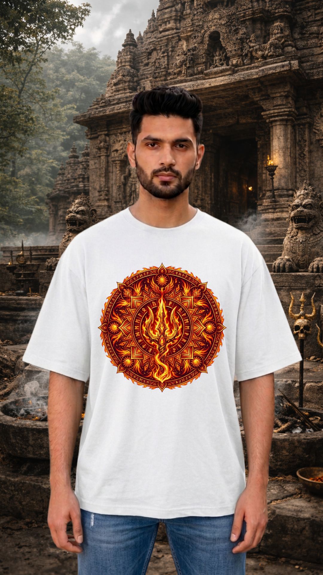 Mahadev Mandala Art Trishul White T-shirt Men