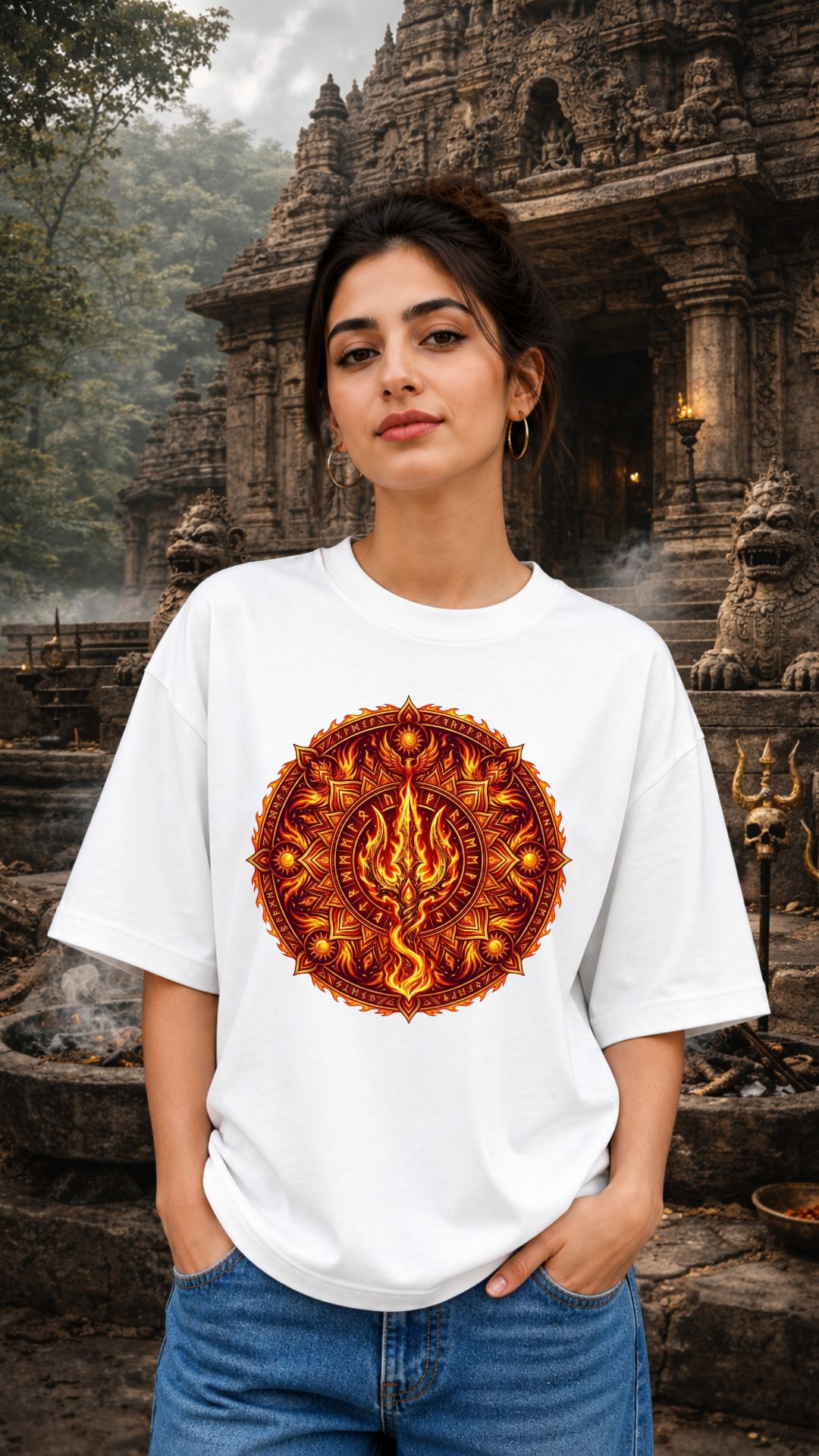 Mahadev Mandala Art Trishul White T-shirt Women