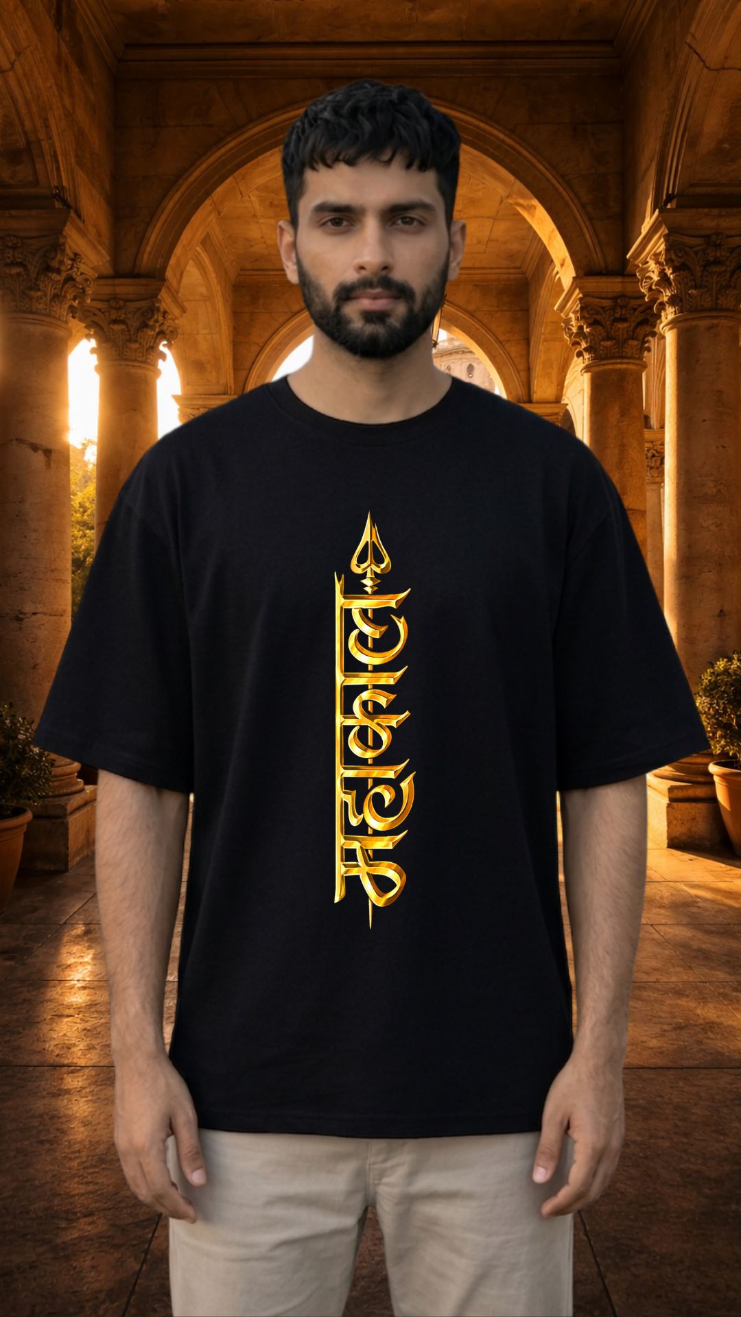 Mahakaal Trishul Vertical Print Black T-shirt Men