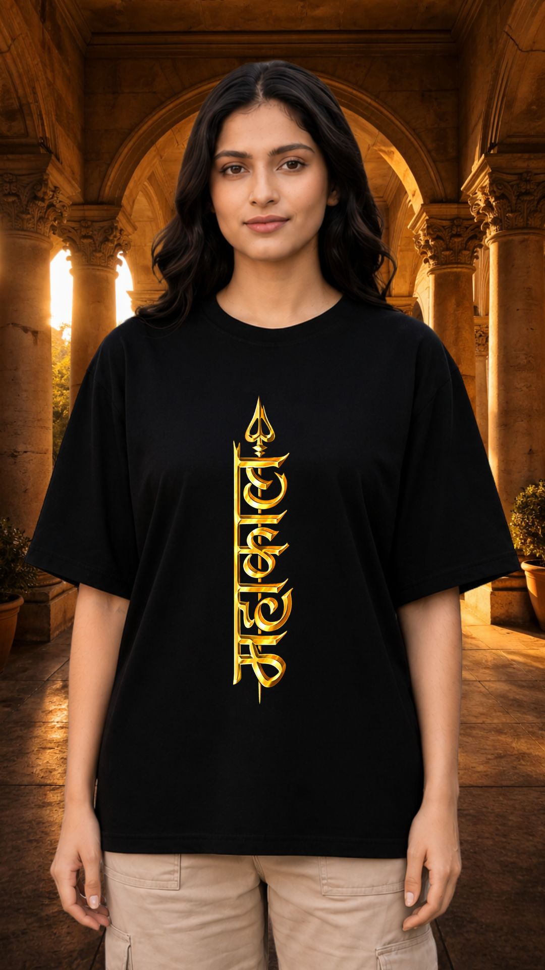 Mahakaal Trishul Vertical Print Black T-shirt Women
